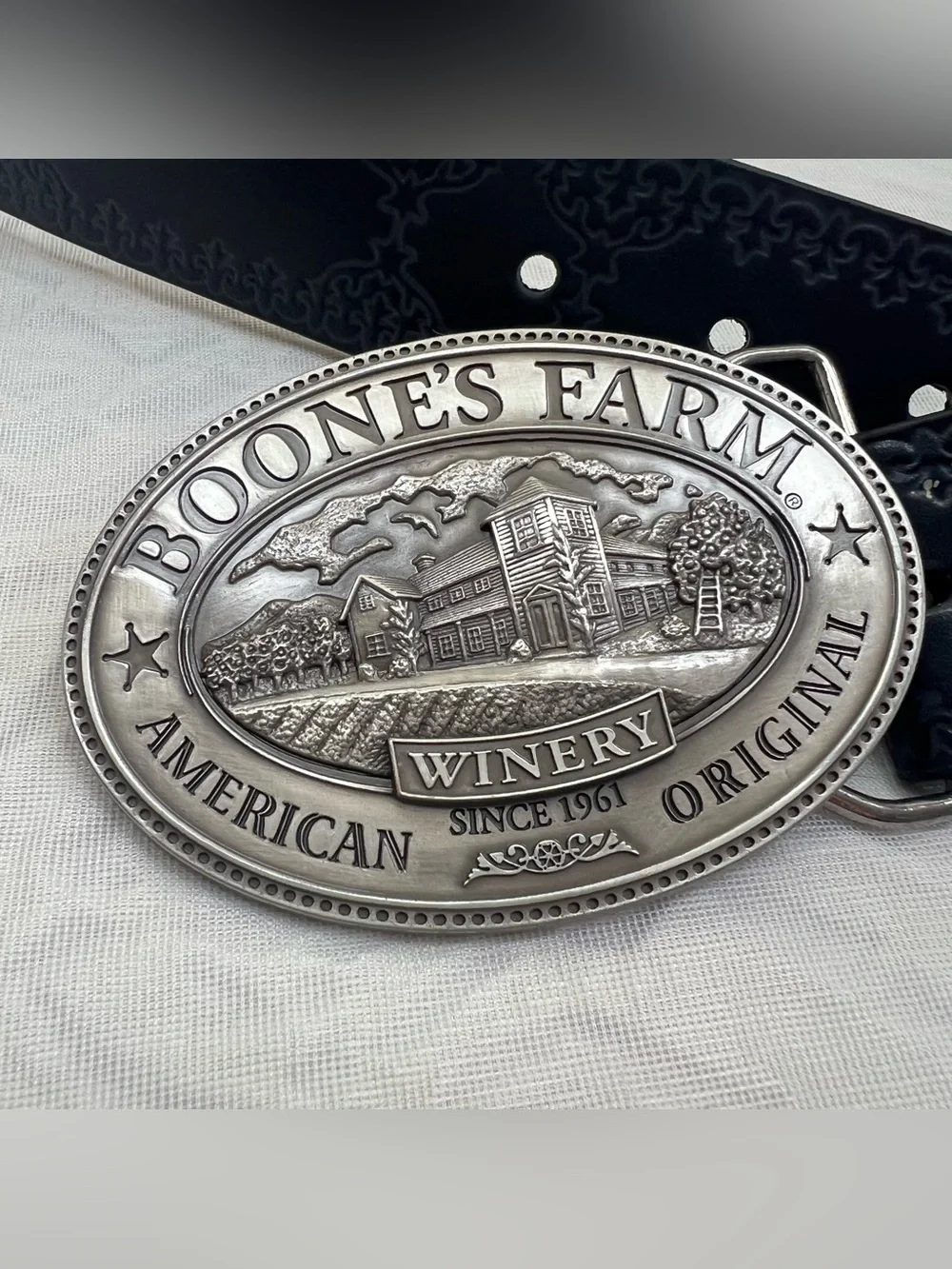 Boone’s Farm Winery Black Leather Belt with Decorative Silver Buckle
